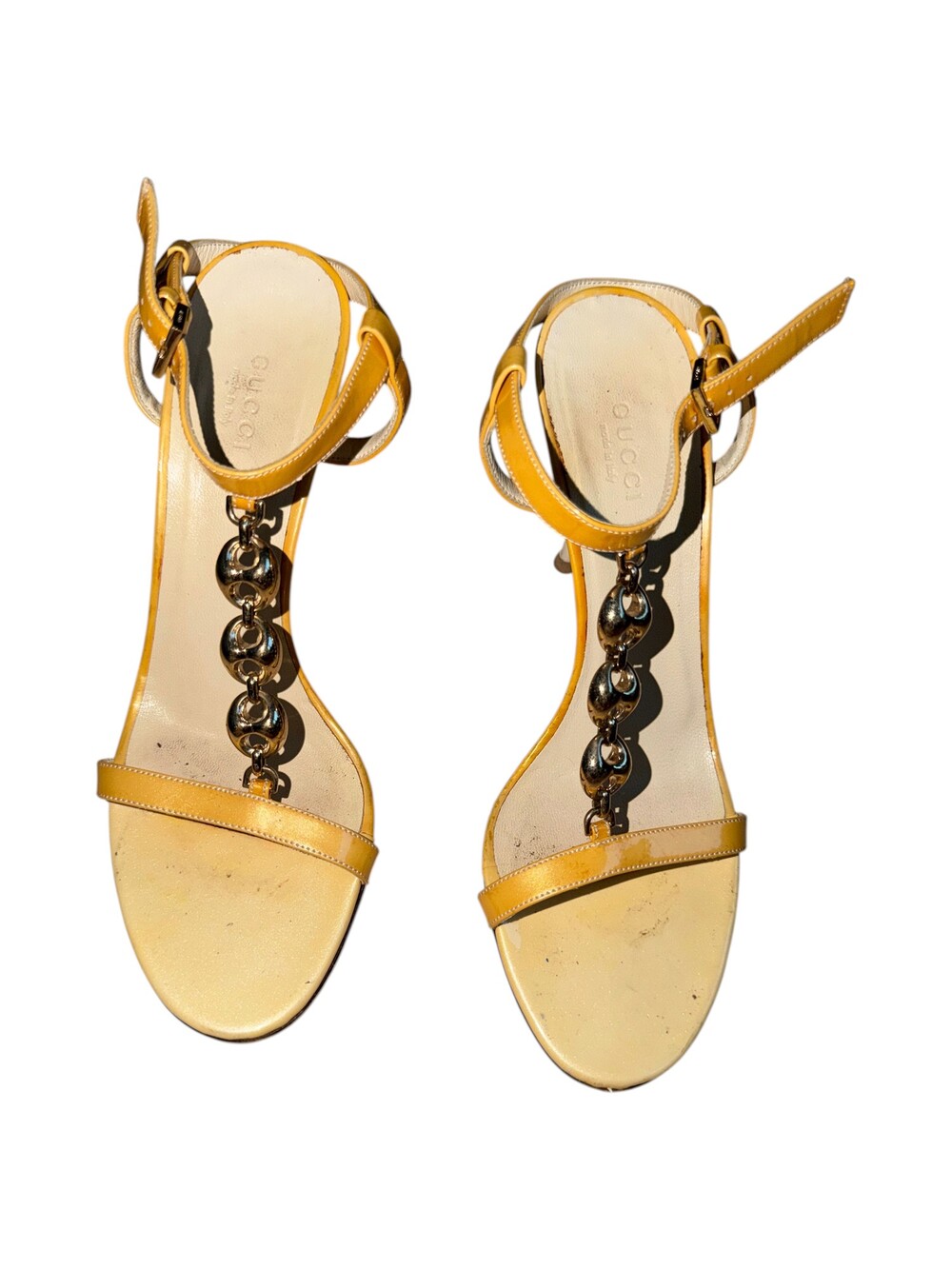 Gucci Dark Ivory /Yellow Patent Horse-Bit Chain Heels 7B